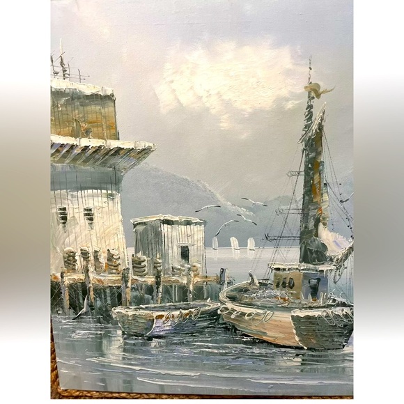 vintage oil painting On Canvas Rope Frame “ Boats In the Dock” 20”X25”picture - Picture 1 of 7